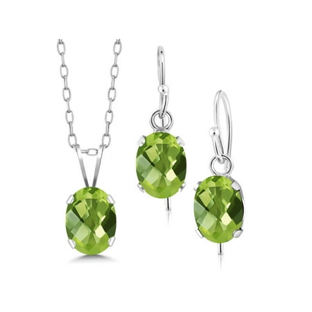 Color Peridot Channel Set - 2.55 Ct Oval Checkerboard Peridot 925 Silver Pendant Earrings Set With Chain