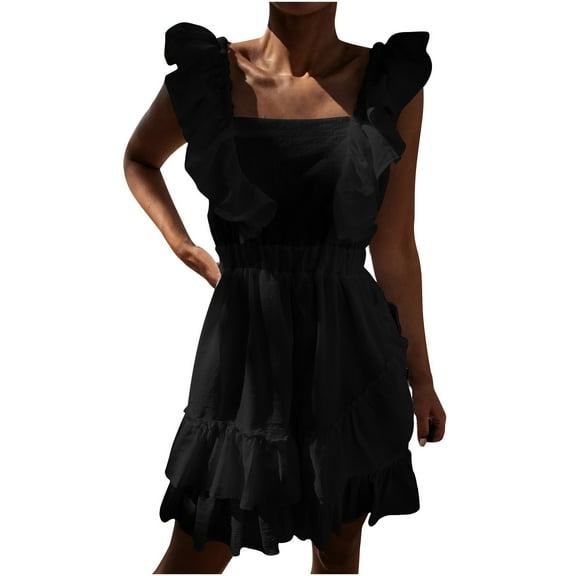 Bigersell Wedding Dresses for Guest Women Fashion Casual Soild Ruffles Sleeveless Slash-Neck Ankle-Length Dress Plus Wrap Dress Style 8661, Female Short Dresses Black S