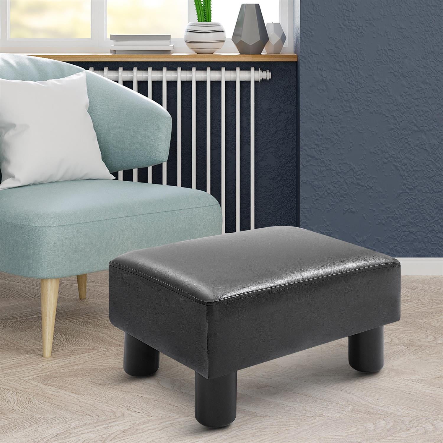 Demi Bonn 15" Foot Rest Ottoman, Compact Stool with Faux Leather & Padded Foam, Comfy Stool with Plastic Legs, Black