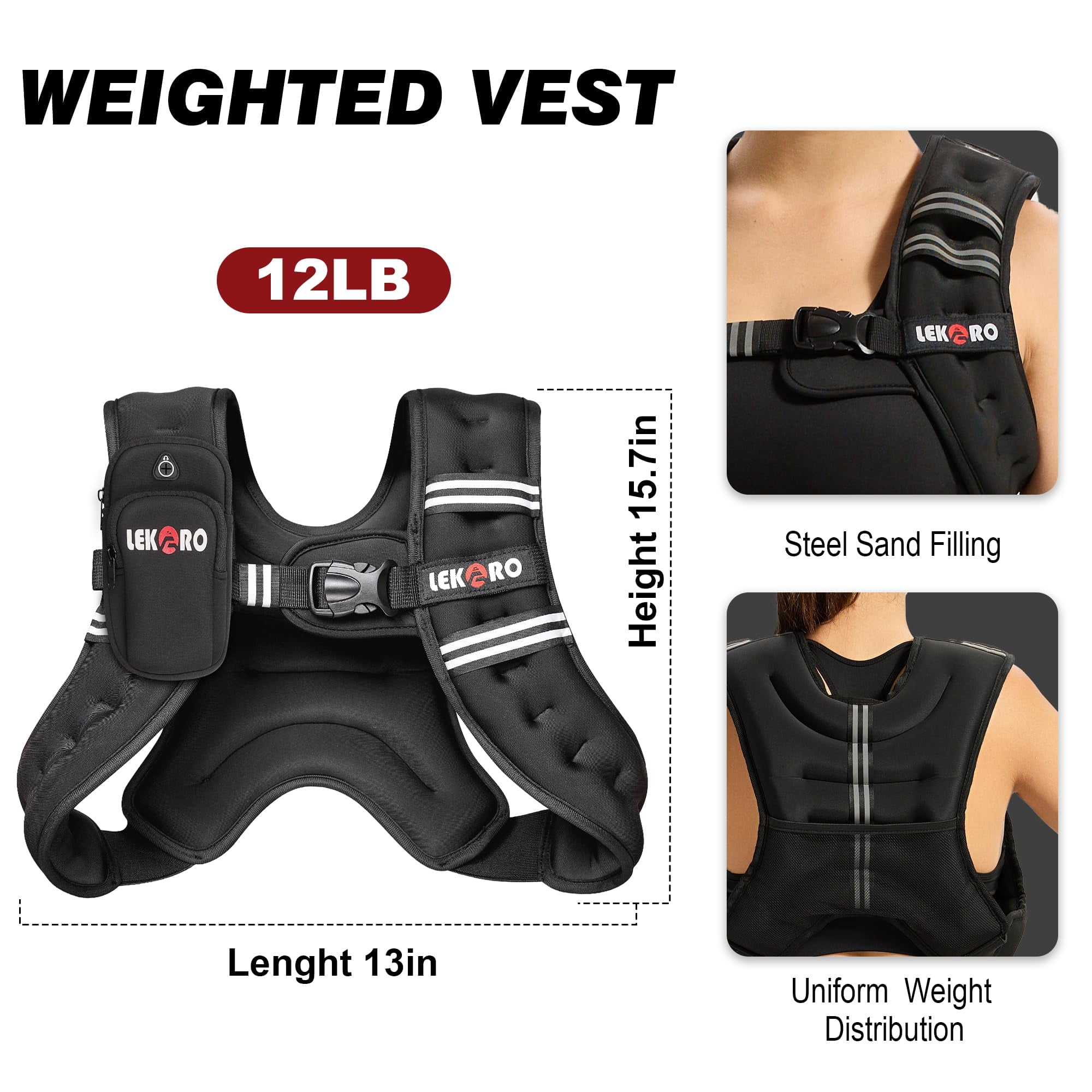 Weighted Vest for Men Women,  6LB 8LB 12LB 16LB 20LB 25LB 30LB Weights Vest with Adjustable Buckles & Reflective Stripes | Weight Vest for Walking Running Hiking Workout Gym training