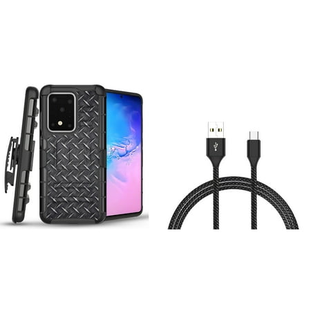 Bemz Armor Samsung Galaxy S20 Ultra, 6.9 inch Case Bundle: Heavy Duty Rugged Holster Combo Protection Cover with Heavy Duty Type-C to USB-A Cable (6 Feet) and Lens Wipe - Diamond Plate