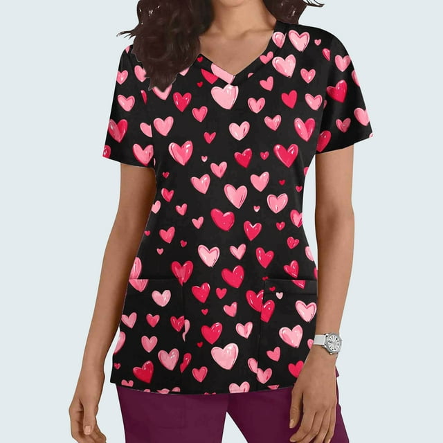Soki Tuniques d'Infirmière pour Femmes Décontractées à Col en V, Imprimé Graphique de la Saint-Valentin, Manches Courtes, avec Poche