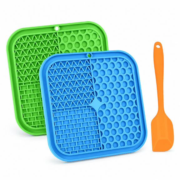 Licking Mat for Dogs & Cats 2 Pack with Suction Cups,Dog Peanut Butter Lick Pads for Boredom Reducer,Perfect for Bathing Grooming (Blue&Green 1 Spatula)