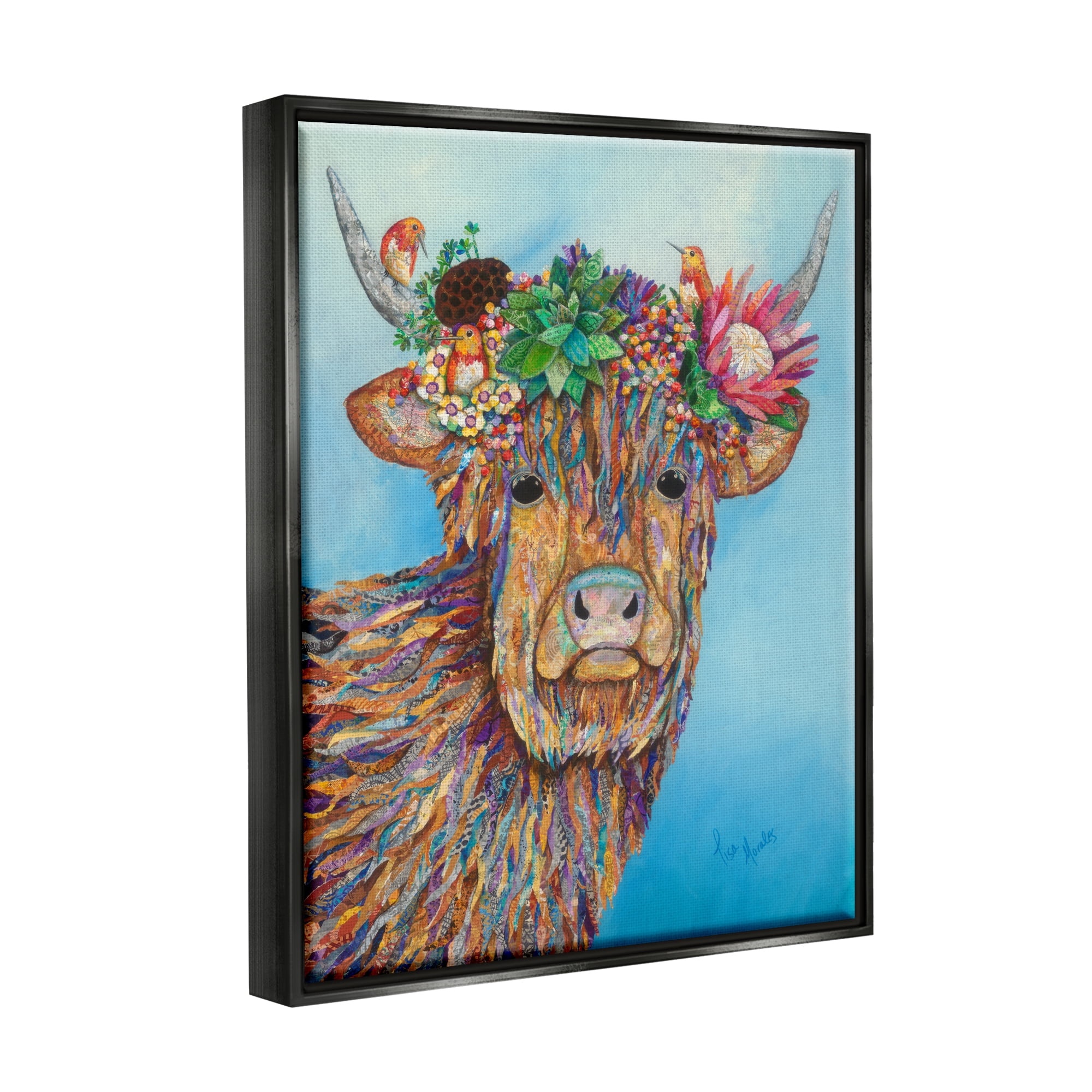 Stupell Industries Bella Cow Cattle Floral Blossom Crown Collaged Painting Painting Jet Black Floating Framed Canvas Print Wall Art, Design by Lisa Morales