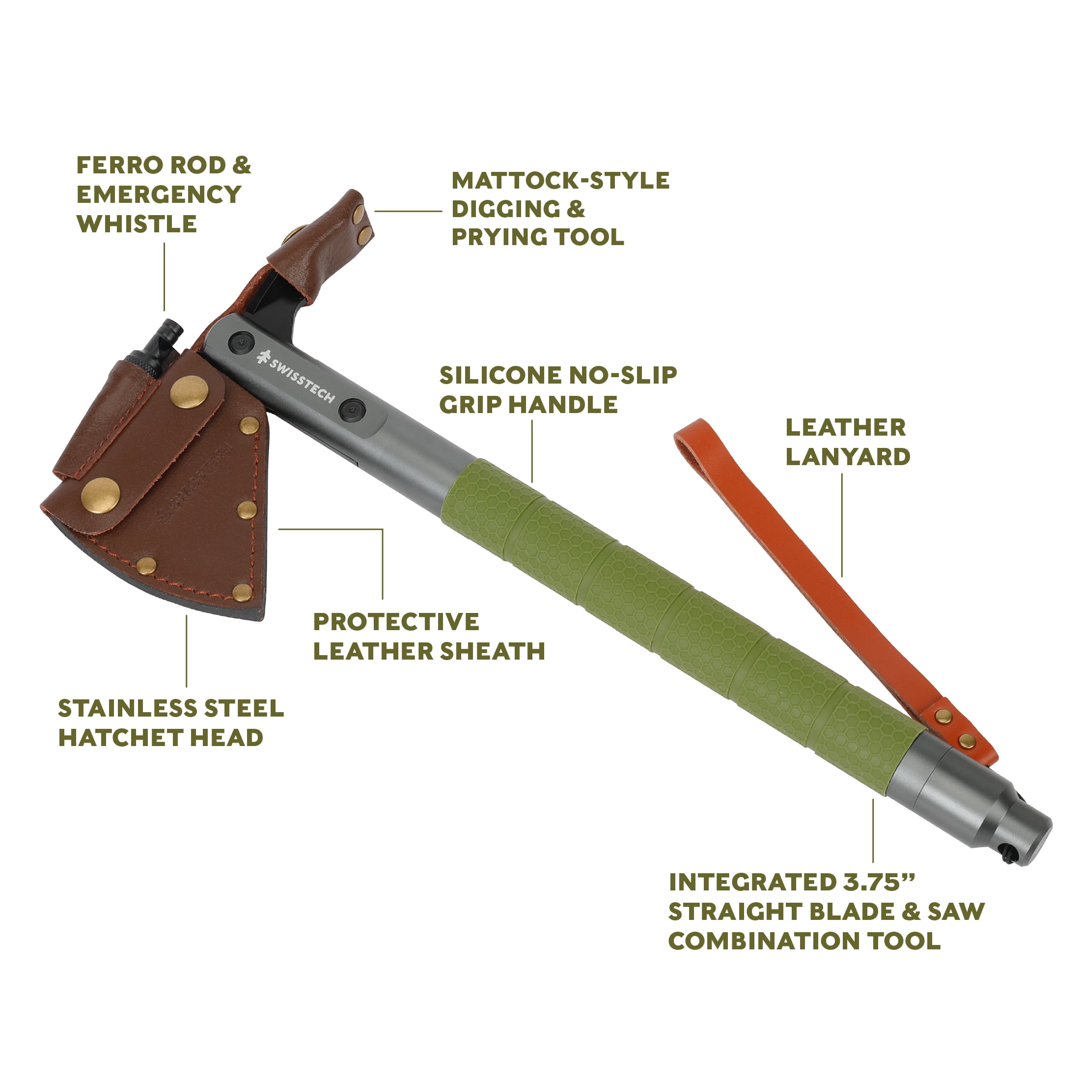 Swiss Tech Multi-Tool Hatchet with Pocket Knife, No-Slip Silicone Grip, Green, 1 Pack