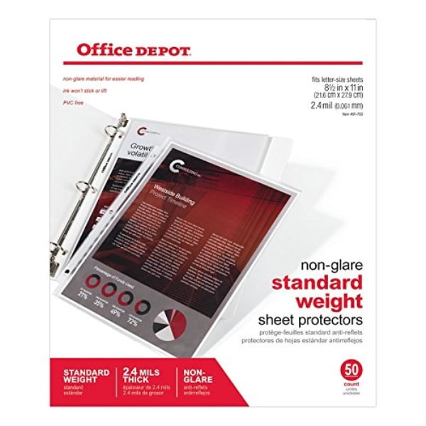 x 11in Box of 50 Office Depot Non-Glare Standard Weight Sheet Protectors 491703 8 1/2in