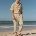 thumbnail image 4 of mihongmao Summer Sweat Suits for Mens 2 Piece Plus Size Men's Solid Color Flax Solid Color Lapel Pocket Button Short Sleeve Shirt Casual Elastic Waist Drawstring Pocket Trousers Suit Khaki M, 4 of 8