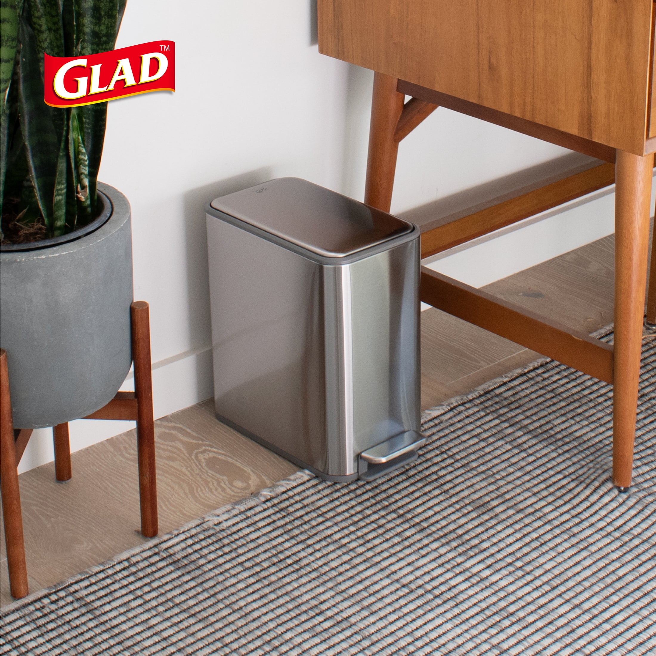 Glad 2.6 Gallon Slim Stainless Steel Step Garbage Bin with Odor Control- Silver