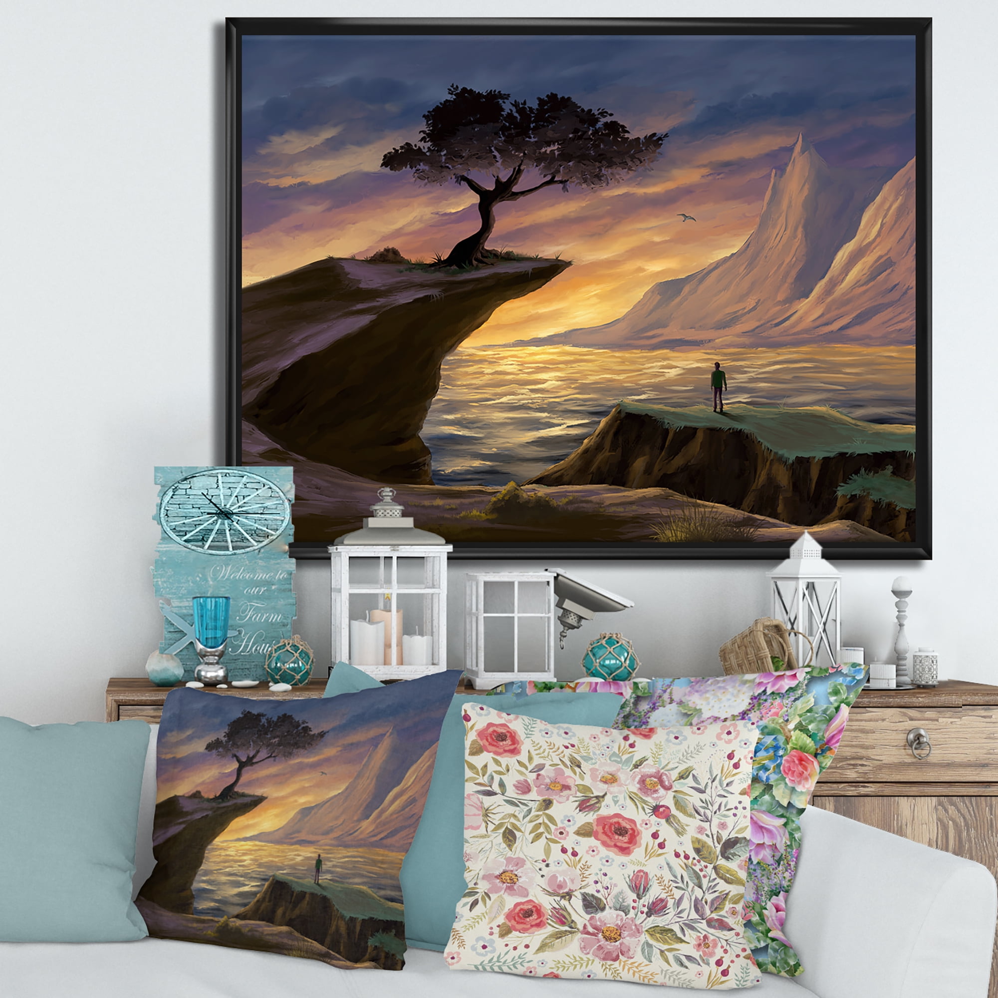 Designart 'Tree On A Sea Cliff At Evening Light' Lake House Framed Canvas Wall Art Print