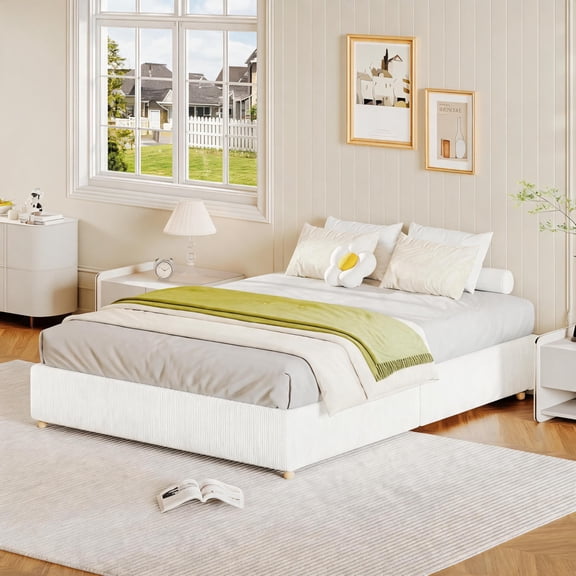 Queen Size Cloud Bed Frame, Corduroy Upholstered Platform Bed with Wood Legs, Low Profile No Headboard, No Box Spring Needed, Noise Free Easy Assembly, White