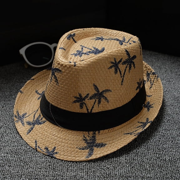 AKEGAMN Unisex Tree Printing Straw Jazz Beach Sun Hat, Yellow One Size