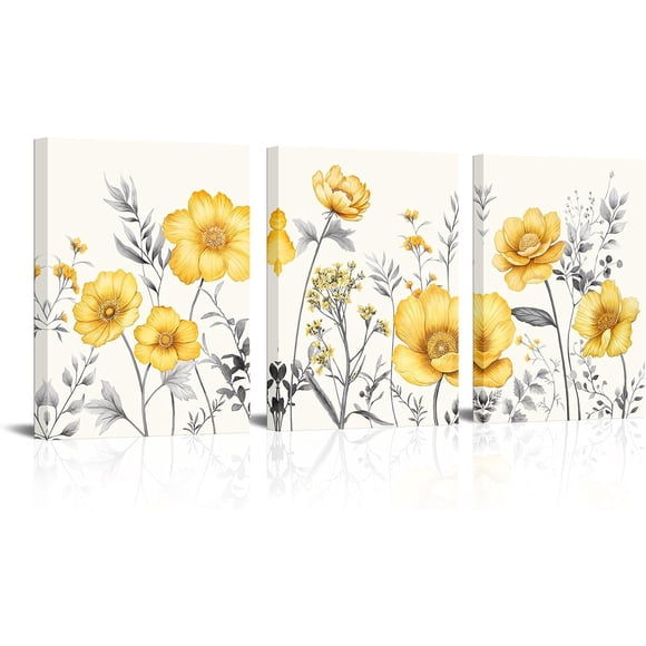 Yellow Flower Canvas Wall Art Vintage Floral Painting Pictures Decor Modern Yellow and Grey Bedroom Bathroom Decoration (Yellow)