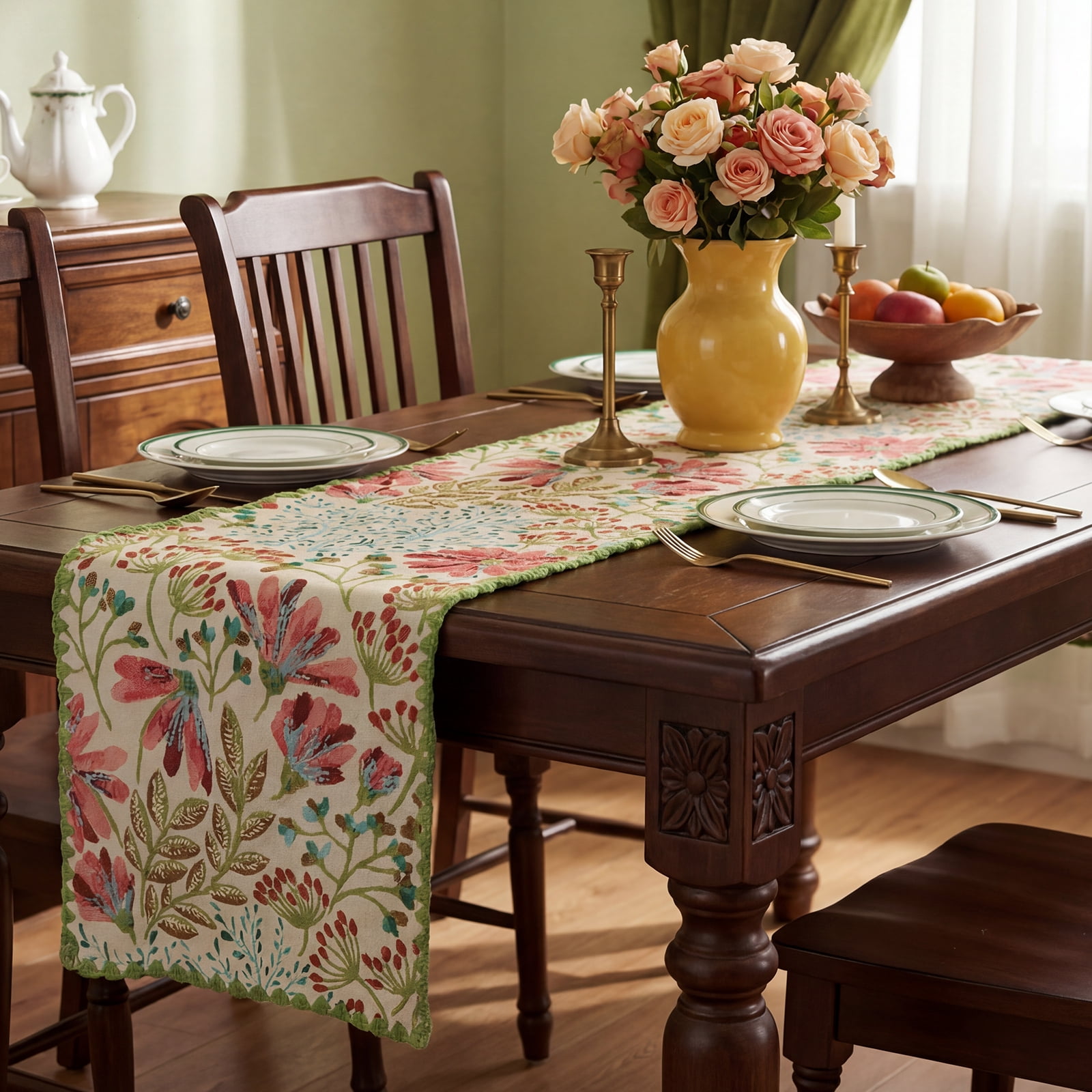 Spring Botanical Elegant Table Runner with Floral Jacquard Pattern Decorative Dining Table Decor with Delicate Lace Edging,Green,12 x 71 Inch