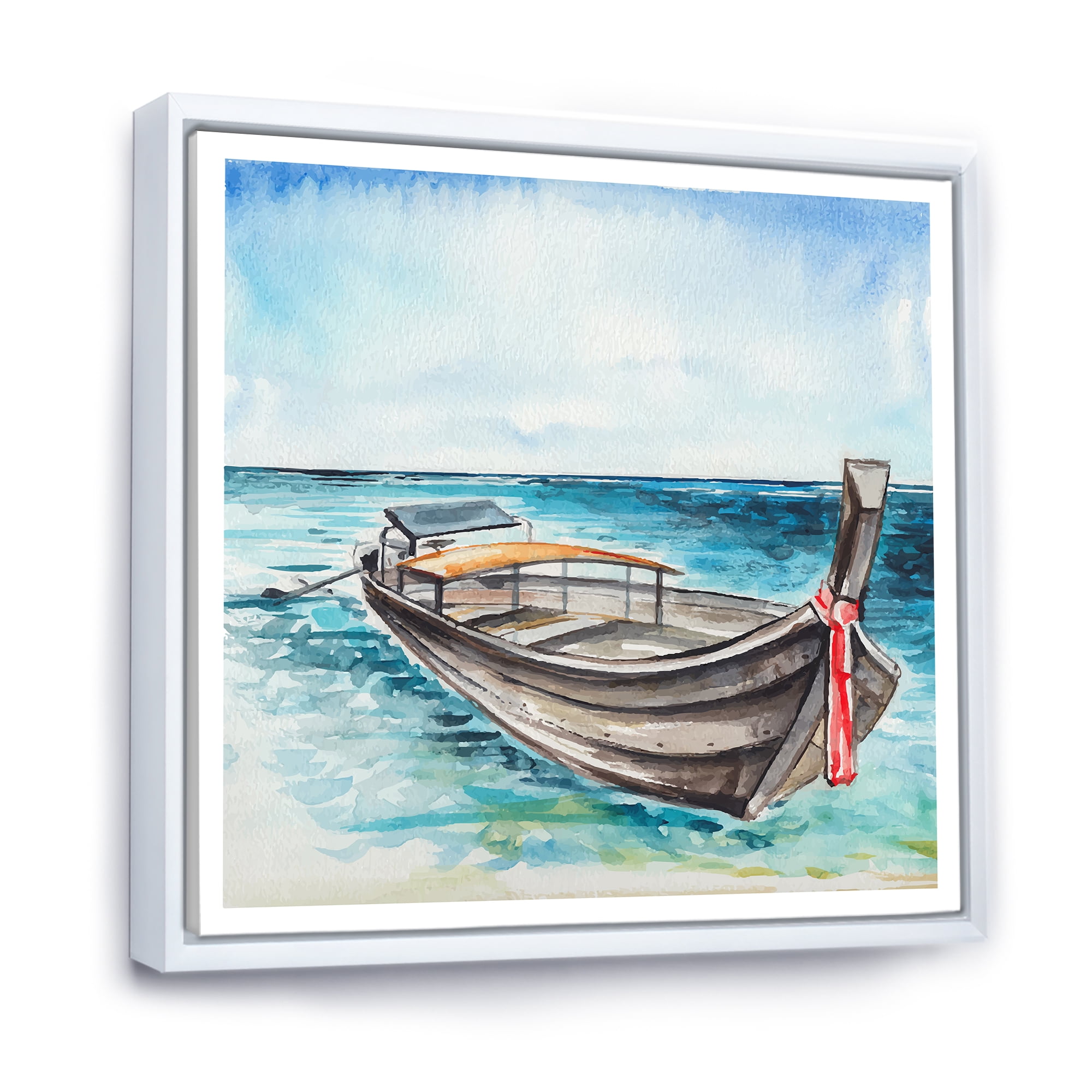 Designart 'Little Boat At The Lake Shore' Nautical & Coastal Framed Canvas Wall Art Print