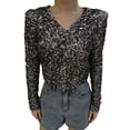 thumbnail image 2 of Plus Size Women's V-Neck Long Sleeve Sequin Decorative Fashion Crop Top with Buttons, 2 of 7
