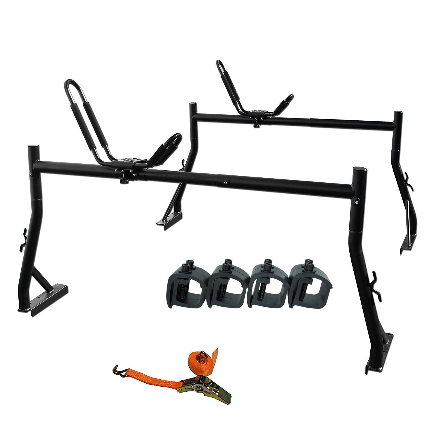 Heavy Duty 1 Ton Ratcheting Strap AA Products Model APX25 Aluminum Truck Rack with 2sets 8 2 Non-Drilling C-Clamps and Steel Folding Kayak J-Racks w/Extended Bolts and 
