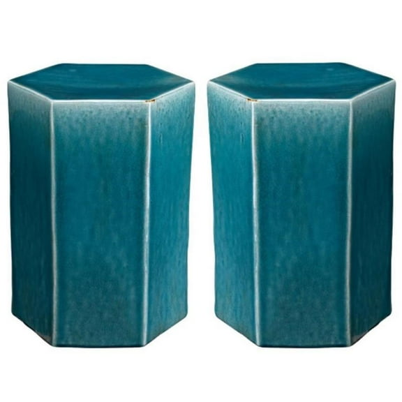 Home Square Large Transitional Ceramic Side Table in Azure Blue - Set of 2