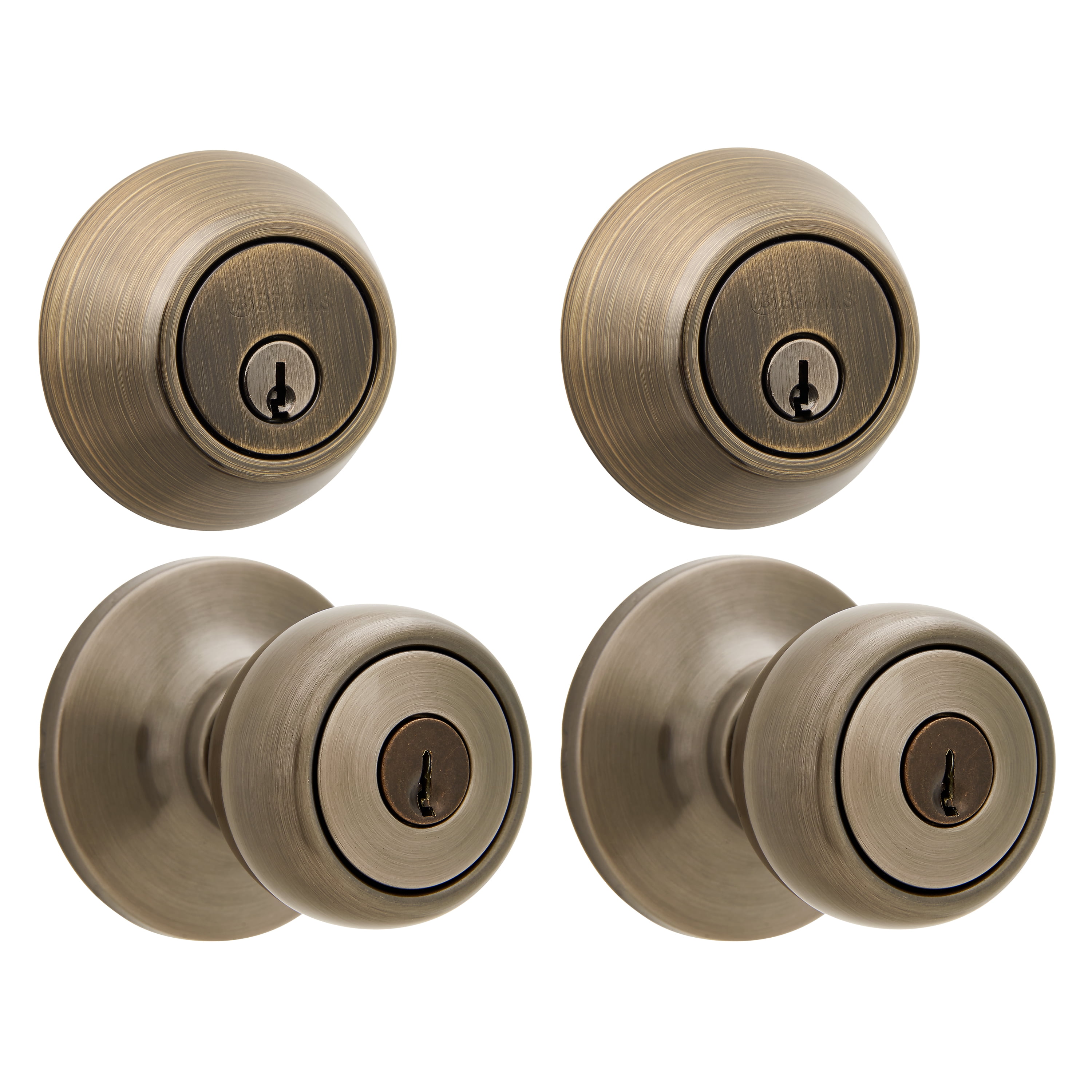 Brinks Keyed Entry Ball Doorknob and Deadbolt Combo, Antique Brass Finish, 2-Pack