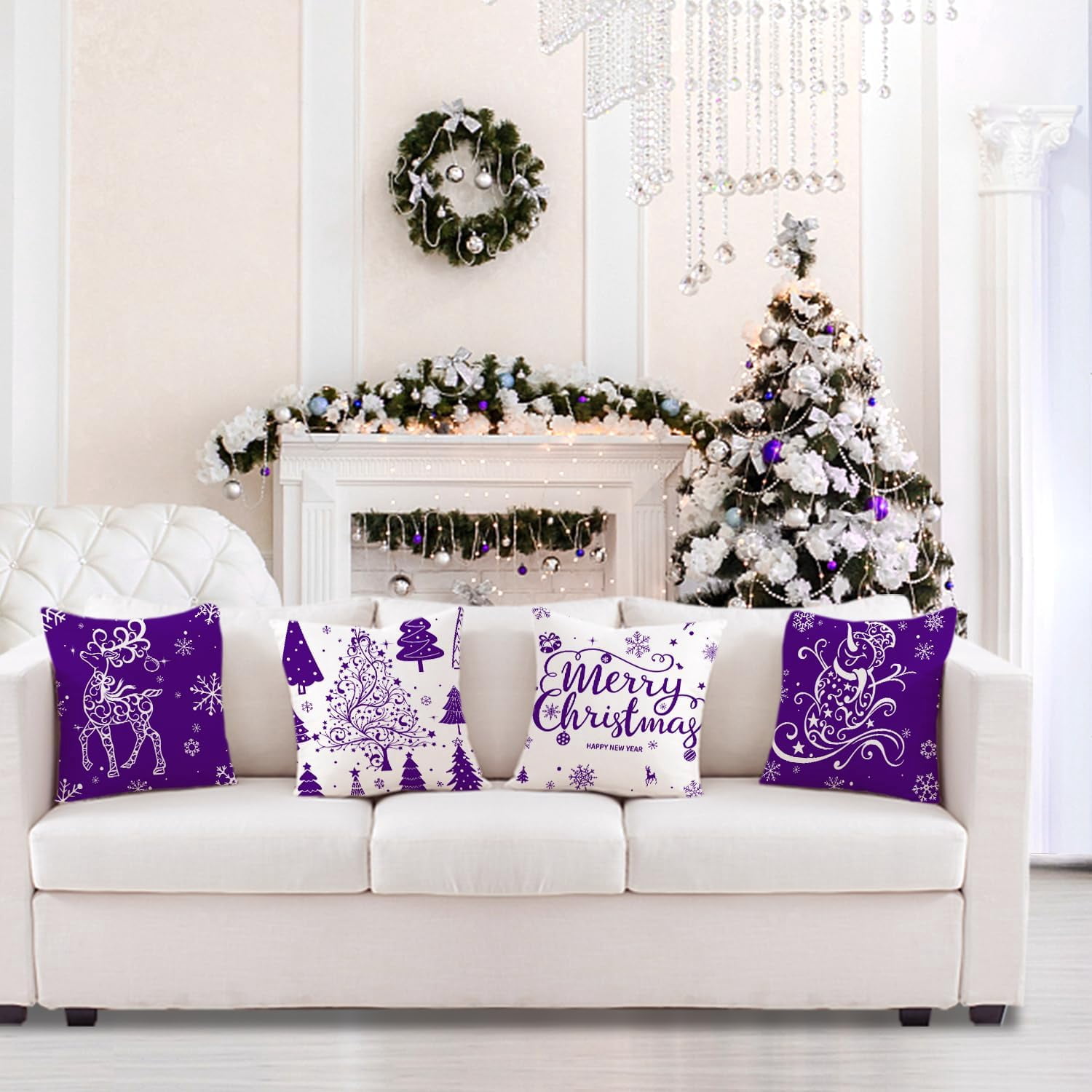 Purple Christmas Throw Pillow Covers 18x18 Set of 4 Christmas Decoration Trees Deer Snowman Merry Christmas Decorative Holiday Farmhouse Pillow Covers for Holiday Christmas Decoration