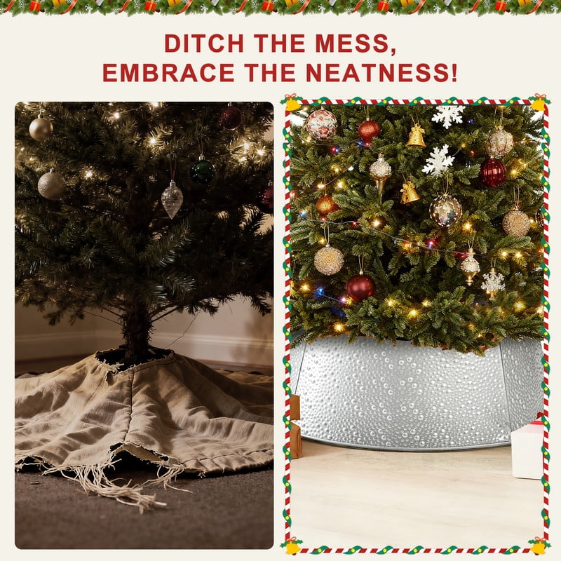 Gianna Metal Christmas Tree Collar for 7.5 ft Artificial Trees, 4-Panel Base Cover for Holiday Décor Skirt Alternative, 26inch, Silver