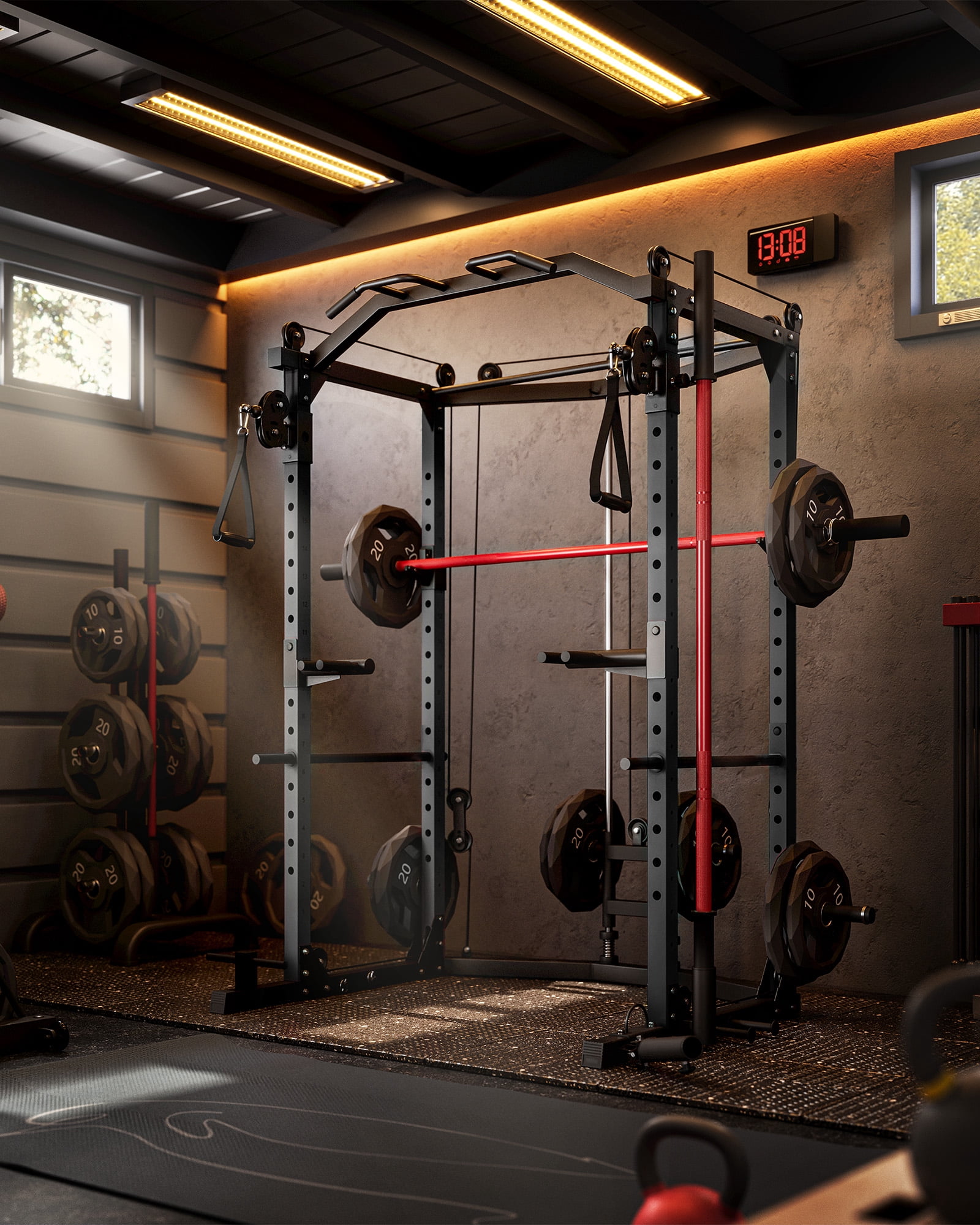 GARVEE Power Cage Home Gym,2000lbs Multi-Function Squat Rack with Cable Crossover,Pull-Up & Dip Station,LAT-Pull Down System,Workout Cage with More Attachments,Black