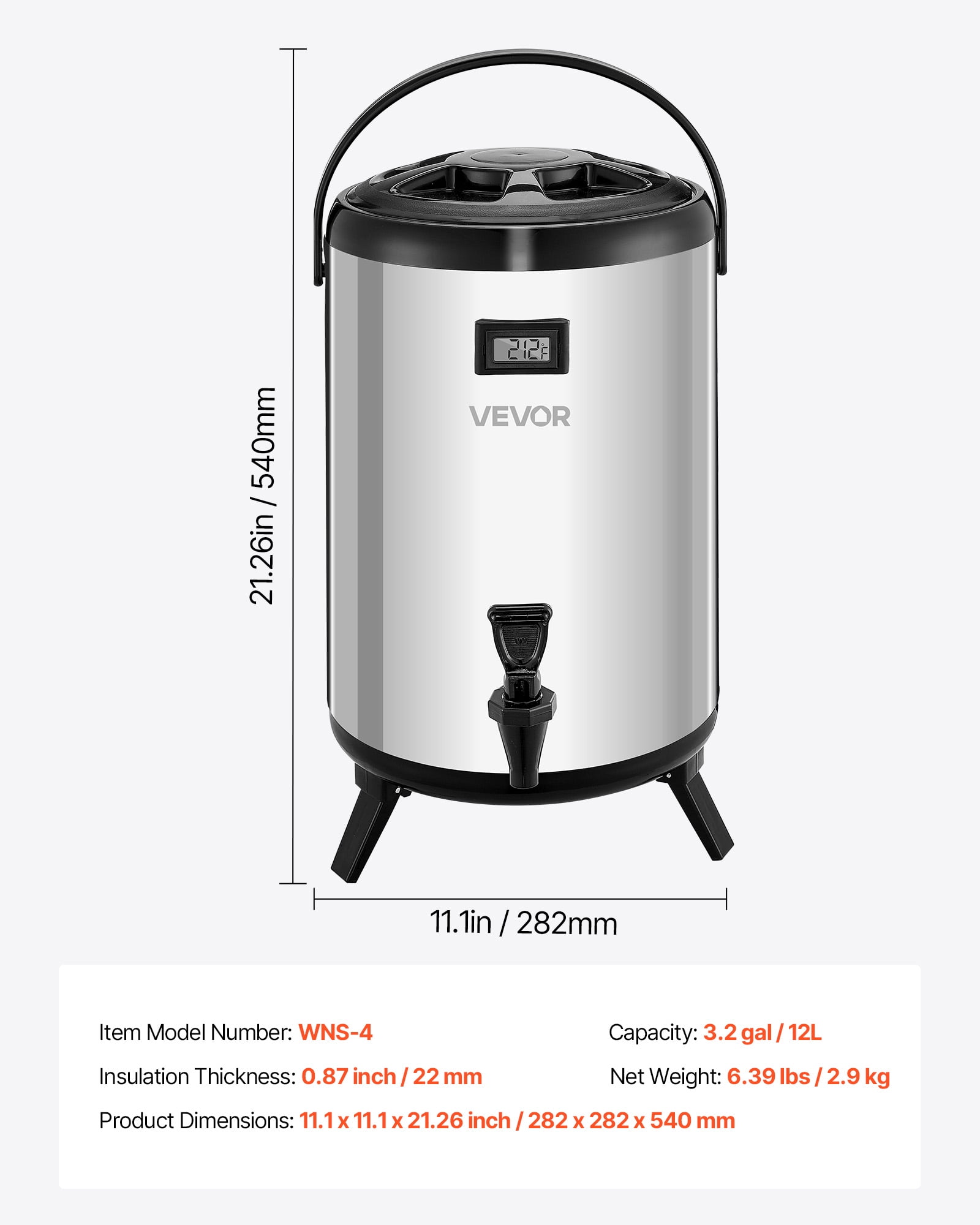 VEVOR Insulated Beverage Dispenser, 3.2 Gal/12L Stainless Steel Thermal Drink Server with Spigot & Temp Display, Suitable for Hot and Cold Drinks, for Tea Coffee Water in Cafes & Restaurants, Silver