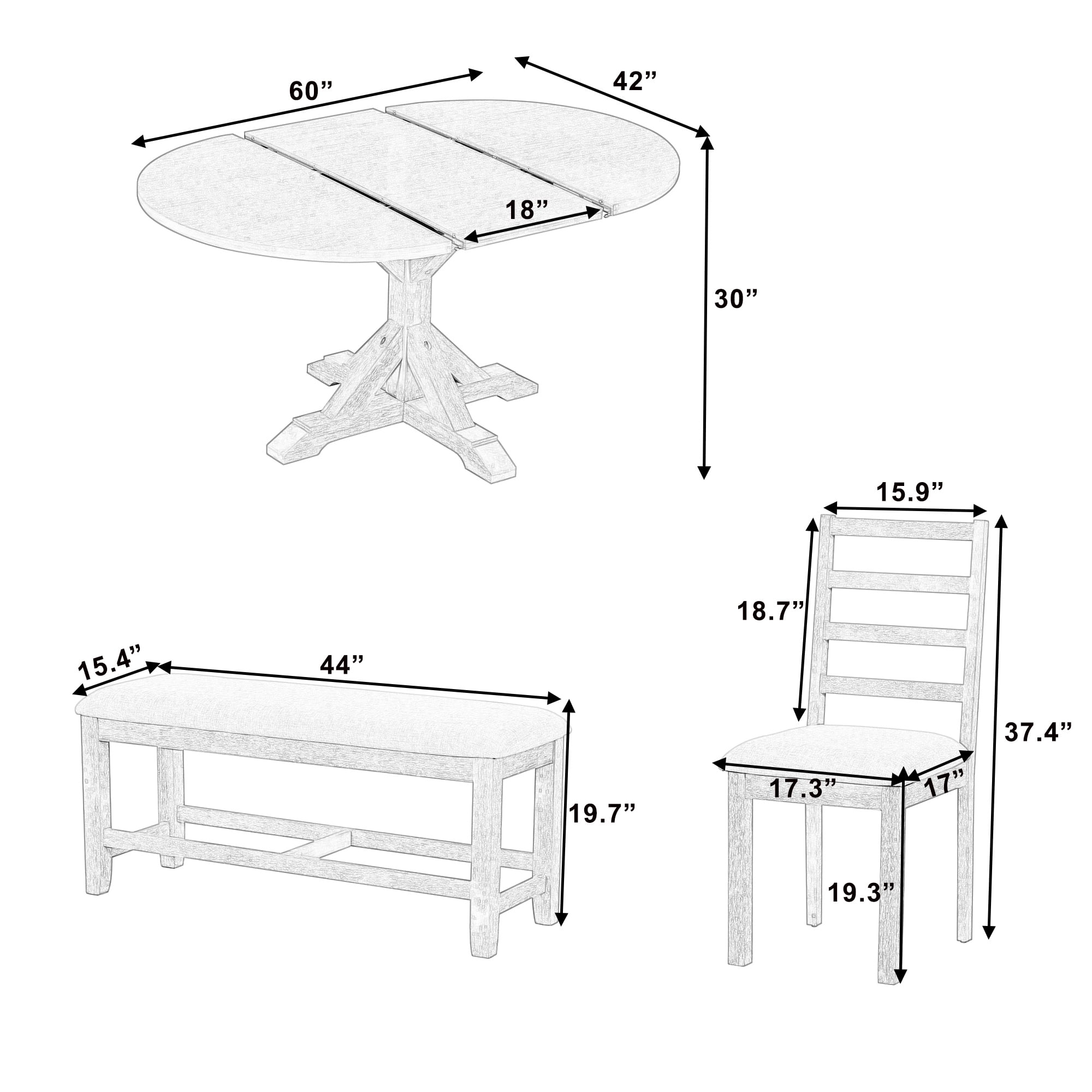 6-Piece Dining Table Set for 6, 60" Extendable Dining Table with 18" Removable Leaf, Bench and 4 Chairs