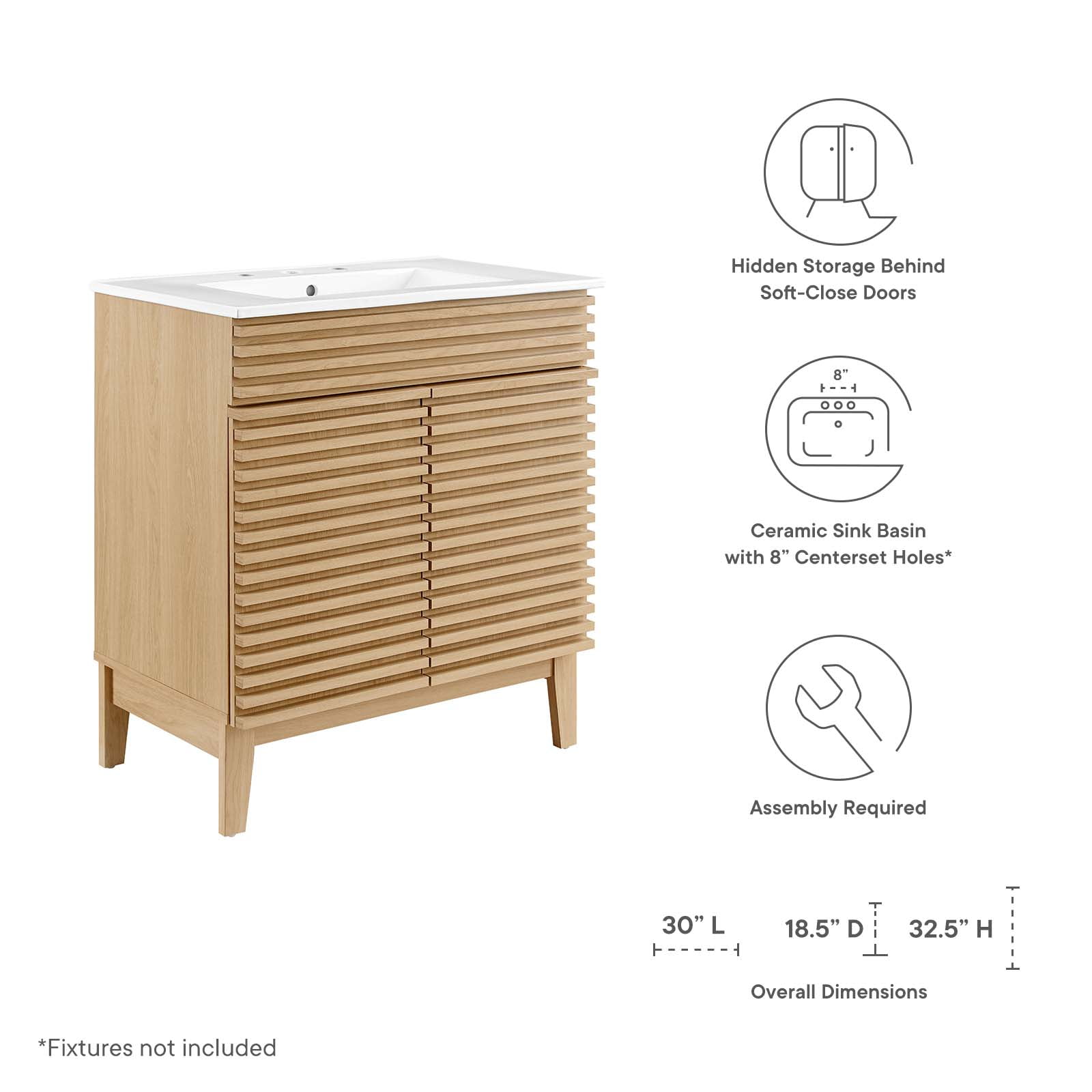 Modway Render 30" Bathroom Vanity Cabinet in Oak White