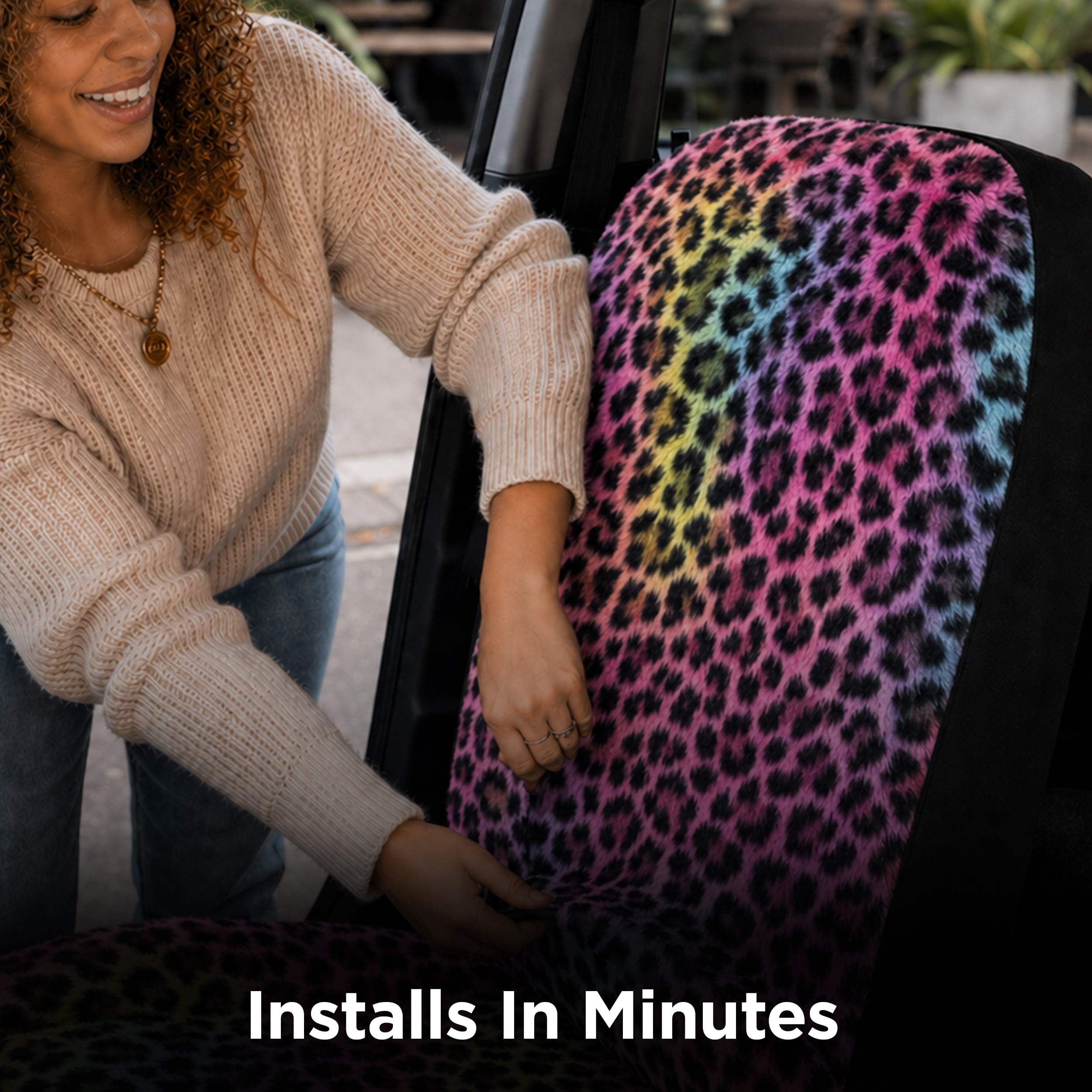 Auto Drive 2-Piece Fur Leopard Seat Covers for Cars, SUVs, and Crossovers, Multicolor