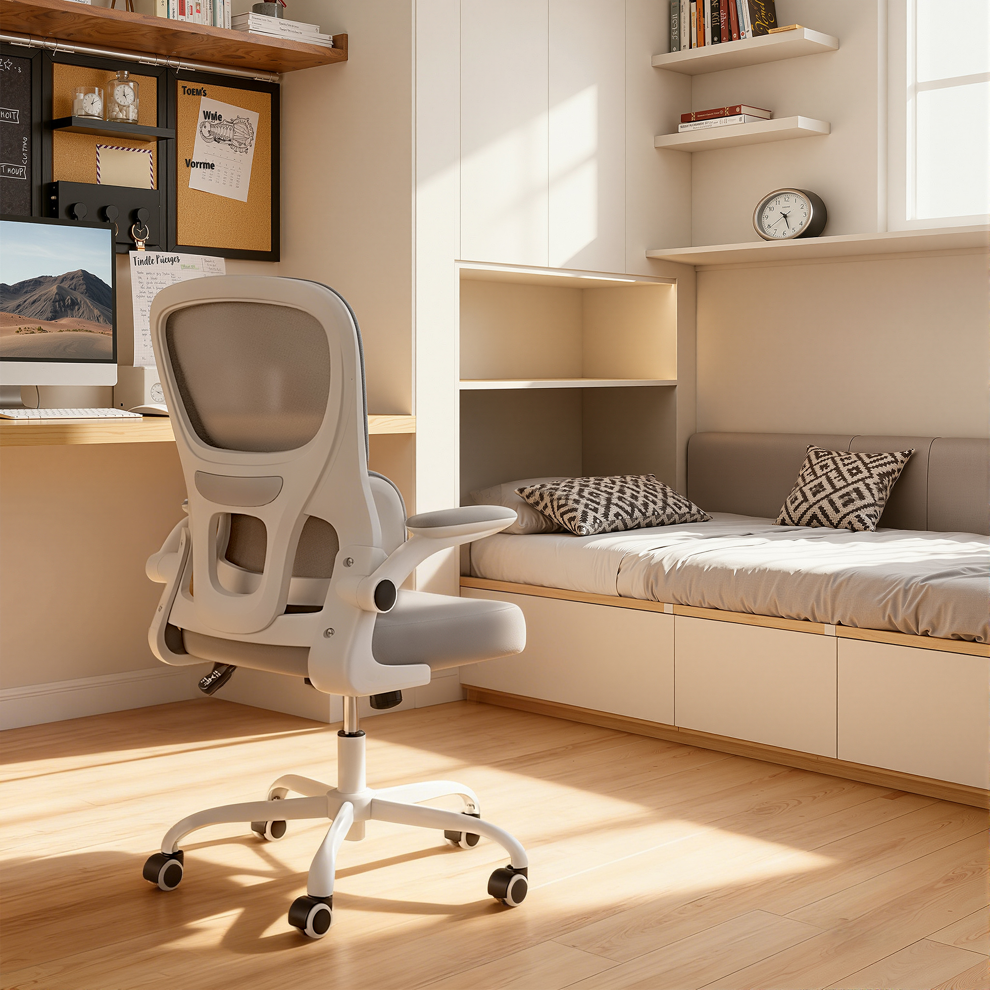 MAYEERTY Gray Desk Chair with Mesh Back, Ergonomic, Lumbar Support & Flip-Up Armrests for Work & Study