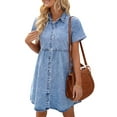 thumbnail image 1 of Kmbangi Robe d'Été en Denim pour Femme, Couleur Unie, Col à Revers, Manches Courtes, Boutons, une-Pièce Décontractée pour Dames, P/M/G/TG, 1 of 5