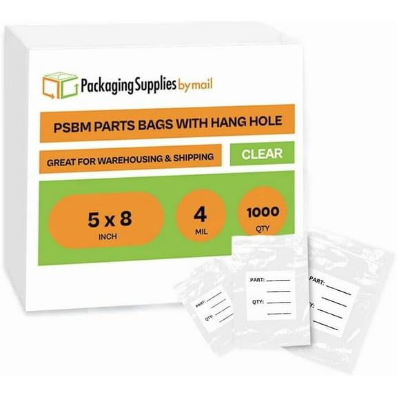 PSBM Parts Bag with Hang Hole 5" x 8" 4 Mil Resealable Bags with White Block for Retail Stores 1000 Pack