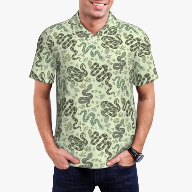 Balery Green Snake Camisa Polo de Hombre con Estampado, de Manga Corta y Tejido Medio, Camisa Tipo Golf Polo-Small