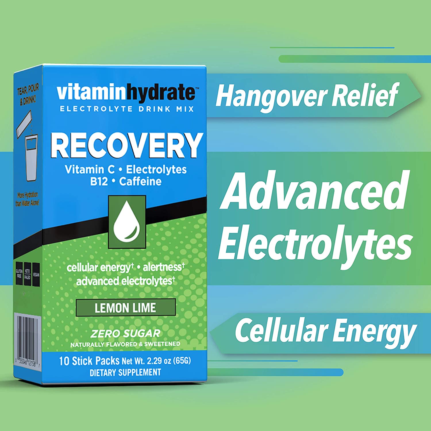 Vitamin Hydrate Electrolyte Drink Mix, Recovery, Lemon Lime, 10 Ct