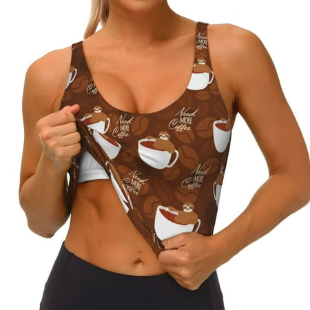 Qokaie Sloths Need More Coffee Pattern Womens Scoop Neck Sports Bra Breathable Workout Vest Padded U Back Medium Impact Fitness Gym Yoga Bra Workout Crop Top