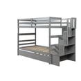 thumbnail image 6 of Wood Bunk Bed with Trundle, Twin Over Twin Stairway Bunk Bed with 3 Storage Shelves Low Bunk Bed Frame with Stairs and Full-Length Guardrail for Boys Girls No Box Spring Needed, Easy Assembly, Gray, 6 of 7