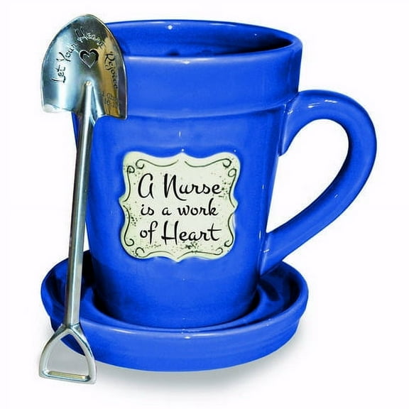 Blue Flower Pot Mug - "Nurse Is a Work of Heart"
