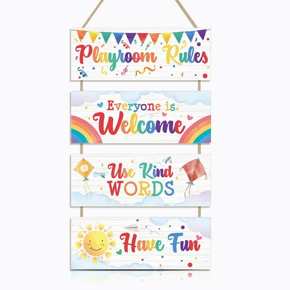 Playroom Rules Wood Sign,Colorful Kids Room Rules Wood Sign,Use Kind Words Have Fun Rainbow Kite Sun Wooden Wall Sign For School,Game Room,Nursery,Children’s Room,4.3 x 12 Inch x 4 PCS