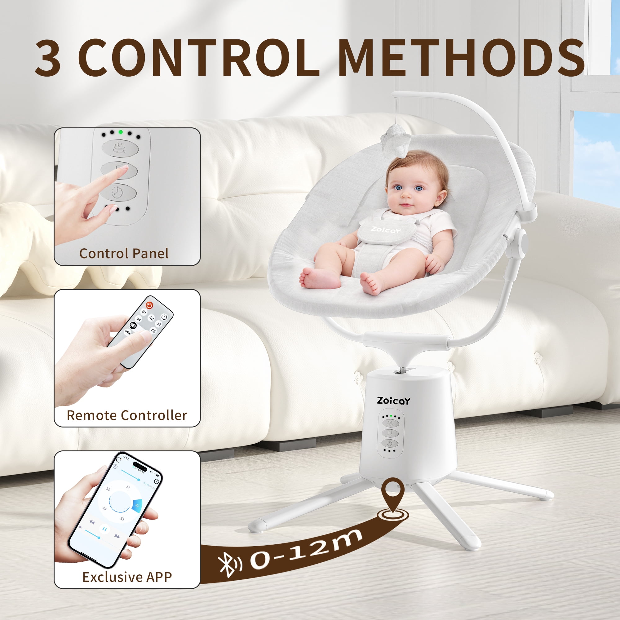 Zoicay Electric Baby Swing with App Remote Control, 5 Speeds 3 Sway Modes, Bluetooth Music, 5-Point Harness Infant Swing, White