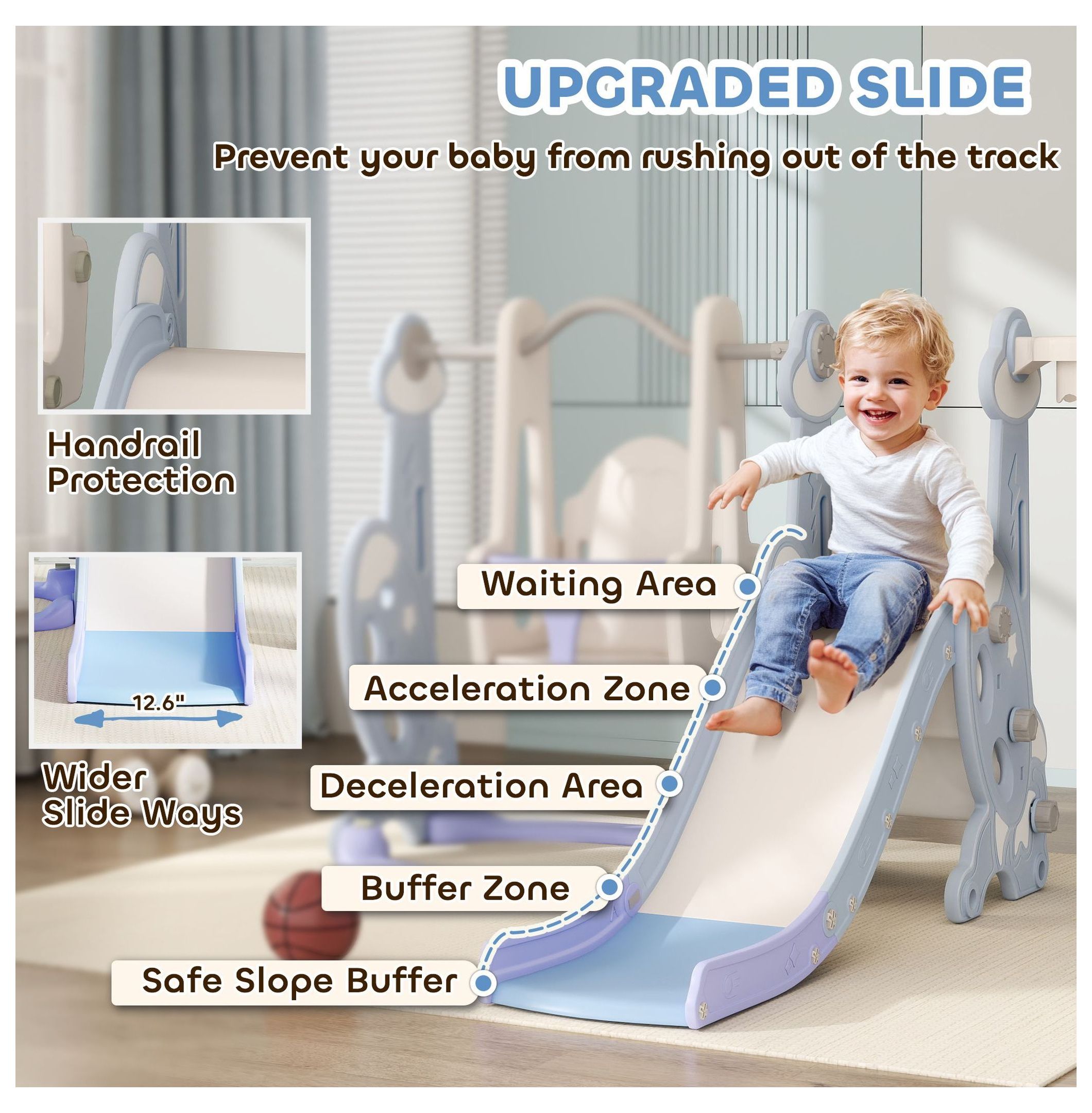 Toddler 4-in-1 Swing Set & Slide - Indoor Playground for 1.5-4 Year Olds - Light Blue - Rocket Design with Climber & Basketball Hoop