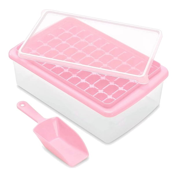 Bandeja para cubitos de hielo Biudunm con tapa y recipiente de almacenamiento, bandeja para 55 cubitos de hielo de fácil liberación con tapa antiderrames, recipiente y pala, color rosa