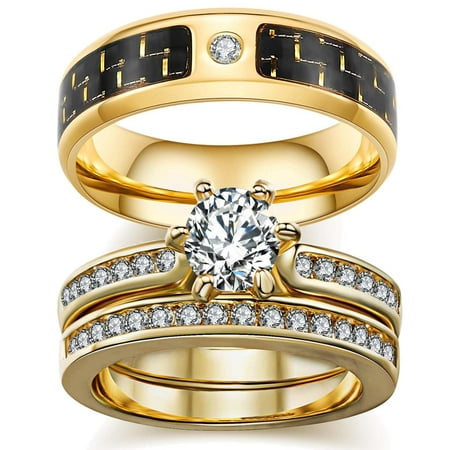 Matching Rings Couple Rings Yellow Gold Plated 1CT AAA Cz Women Wedding Ring Sets