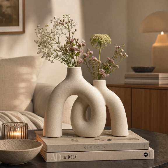 Cream White Decorative Vase Set - Modern Nordic Boho Style Vases Home Decor, Matte Ceramic Decorations for Living Room Shelf Bookshelf Mantle Entryway Table
