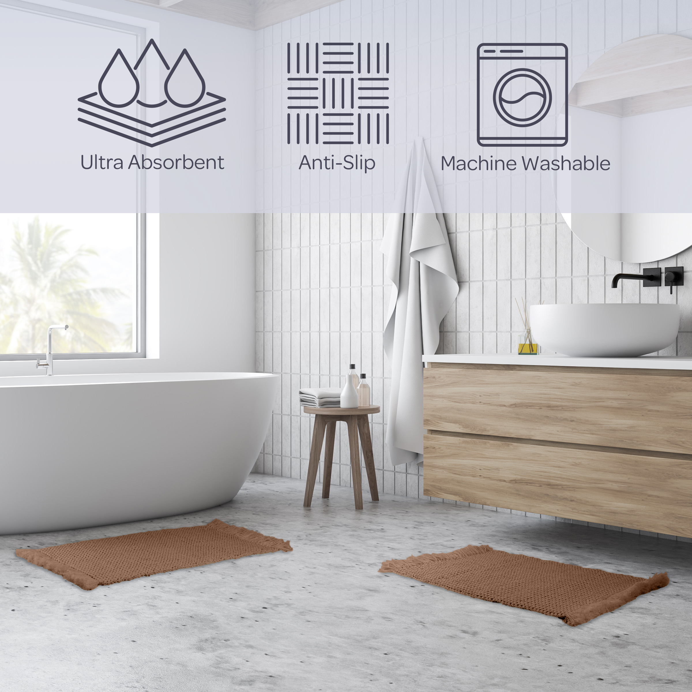 Lavish Home 2PC Waffle Bath Mat Set - Washable Bathroom Rugs (Natural)