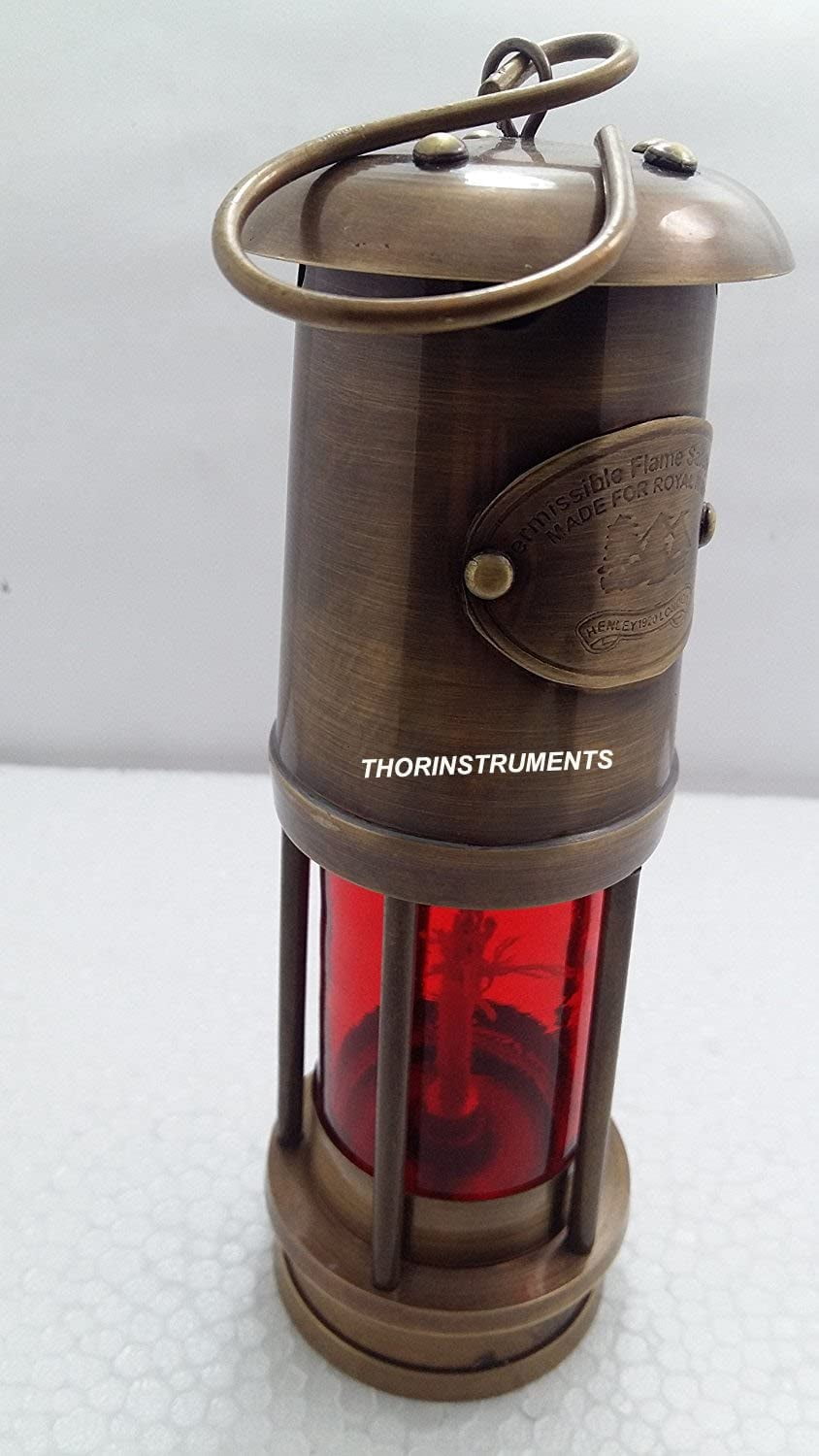 Antique Brass Maritime Handmade Miner Lamp Nautical Ship Oil Lamp Red Glass 6 Inches