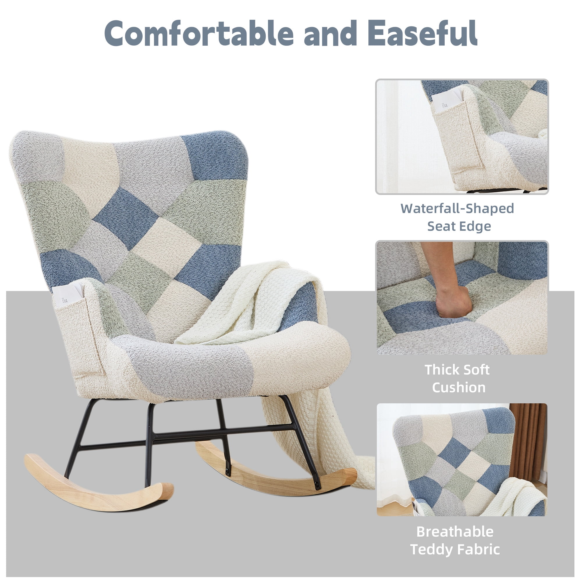 Patchwork Teddy Fleece Upholstered Rocking Chair, High Back Nursery Glider Rocker with Side Storage Pocket, Rubberwood Rockers Accent Armchair for Nursery Living Room Bedroom Office.