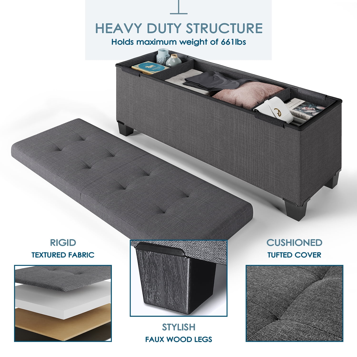 StorageBud Ottoman with Storage Bench, 43-inch Storage Ottoman, Linen, White
