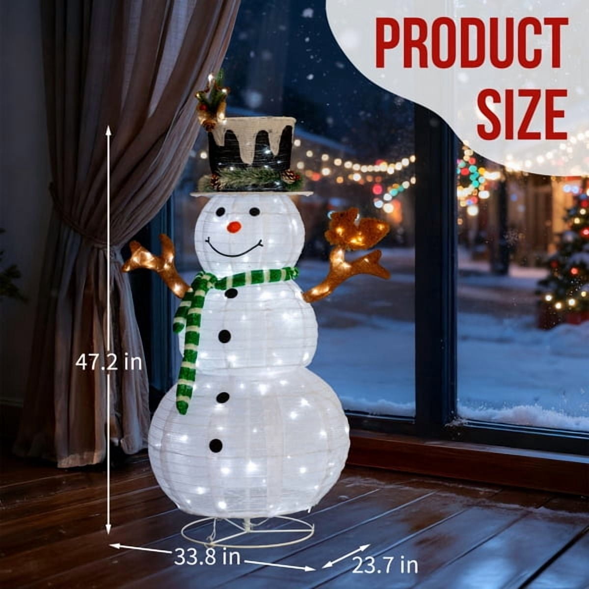 4FT Lighted Snowman Christmas Decoration, 120 White LEDs, Snow-Covered Hat & Green Scarf with Squirrel, for Indoor, Outdoor