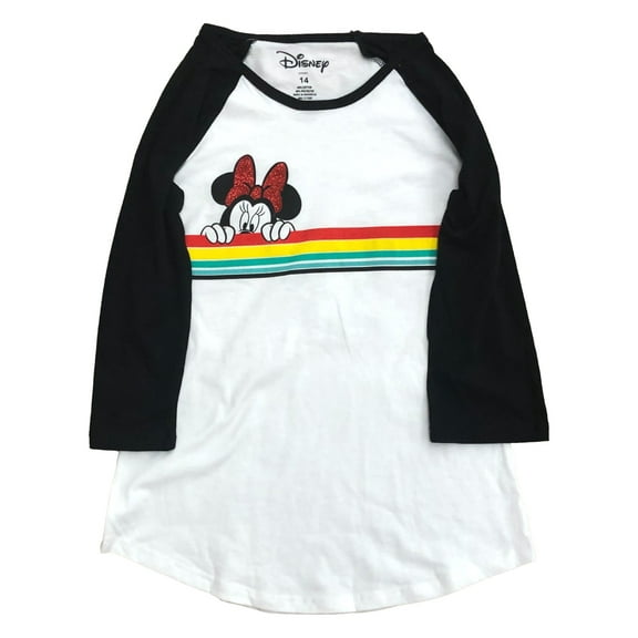 Disney Girls Long Black & White Minnie Mouse Rainbow Tee Shirt T-Shirt 7/8