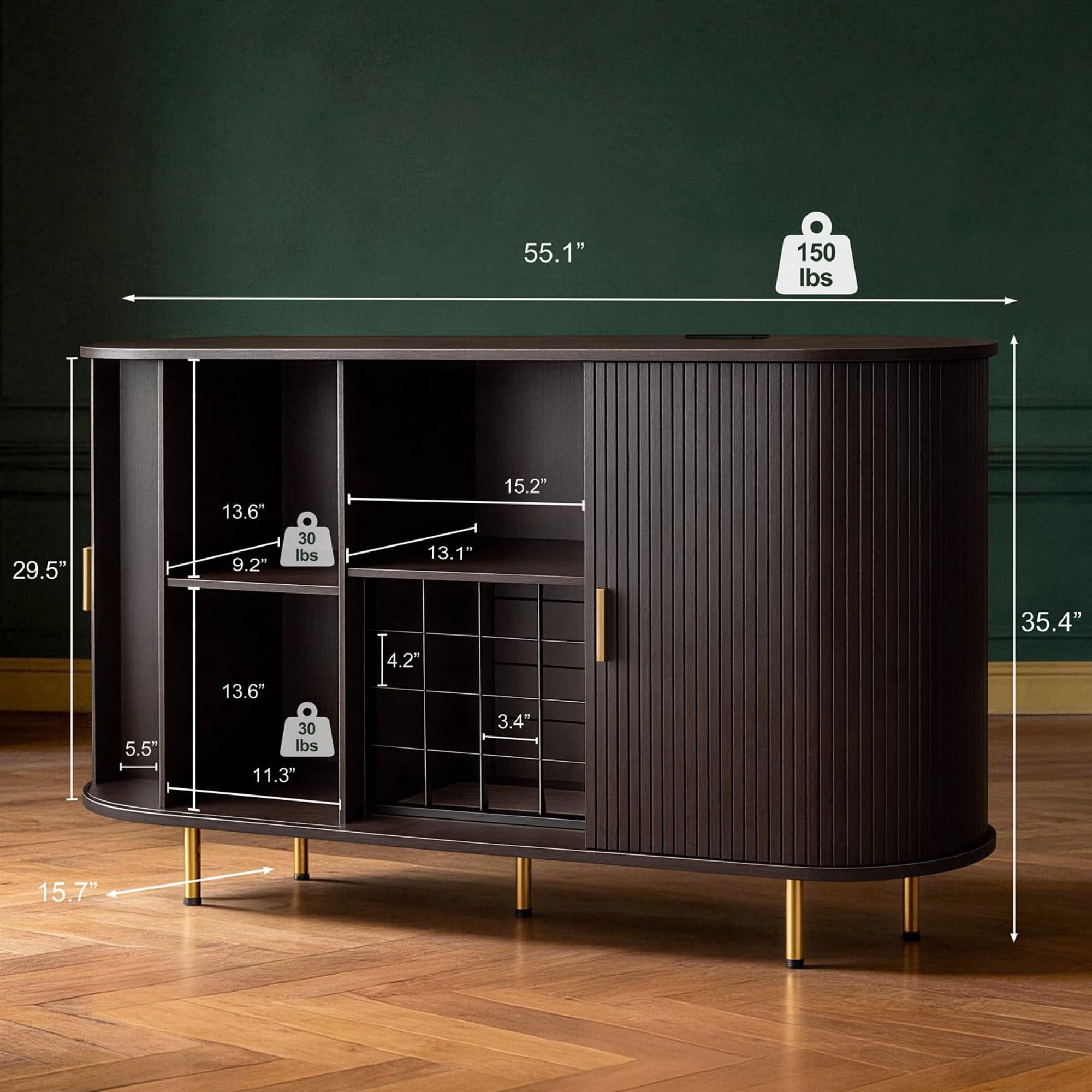 55" Wine Bar Cabinet with Storage, Fluted Coffee Bar Cabinet with Wine Rack & Glass Holder, LED Buffet Sideboard, Walnut